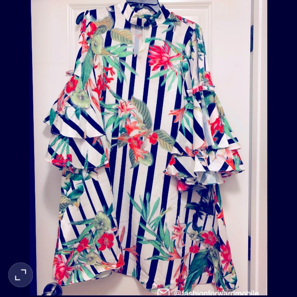 Black&white striped Dress w/ pink hibiscus flowers